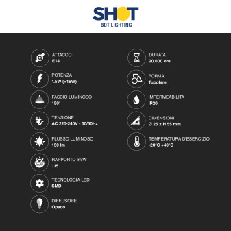 Lampadina LED E14 1.3W per Frigoriferi Bot Lighting Shot