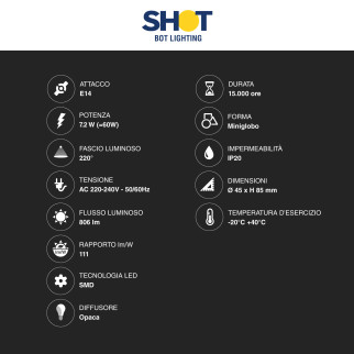 Lampadina LED E14 7.2W MiniGlobo P45 Bot Lighting Shot