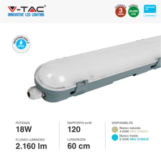VT-60018 Tubo LED Plafoniera 18W Samsung SMD IP65 V-Tac