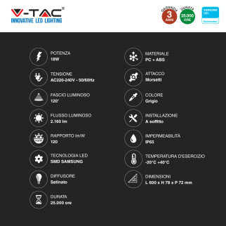 VT-60018 Tubo LED Plafoniera 18W Samsung SMD IP65 V-Tac