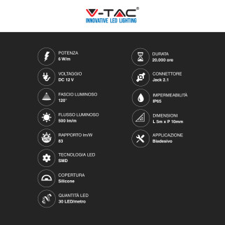 Striscia LED 30W Flessibile SMD Monocolore 12V 5m V-Tac