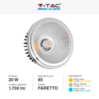 VT-1121 Faretto LED 20W AR111 da Incasso Downlight COB V-Tac