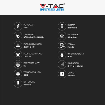 VT-1121 Faretto LED 20W AR111 da Incasso Downlight COB V-Tac