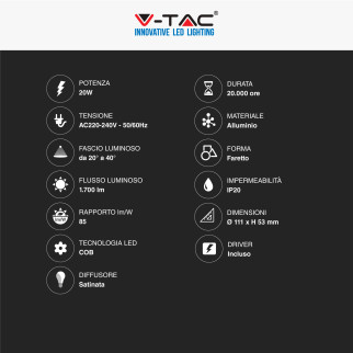 VT-1121 Faretto LED 20W AR111 da Incasso Downlight COB V-Tac
