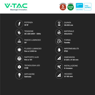 VT-2-30 Faretto LED 30W da Incasso Chip Samsung V-Tac Pro