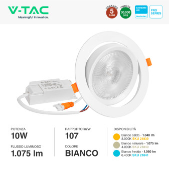 VT-2-10 Faretto LED 10W da Incasso Chip Samsung V-Tac Pro