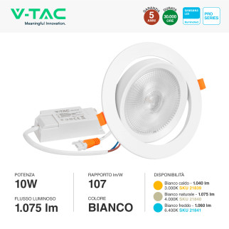 VT-2-10 Faretto LED 10W da Incasso Chip Samsung V-Tac Pro