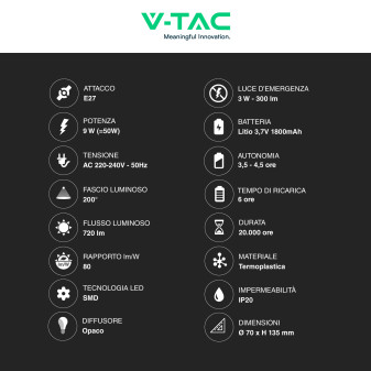 VT-509 Lampadina LED E27 9W SMD Luce di Emergenza V-Tac