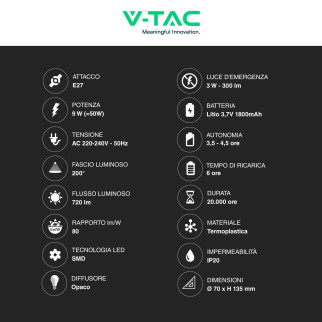 VT-509 Lampadina LED E27 9W SMD Luce di Emergenza V-Tac