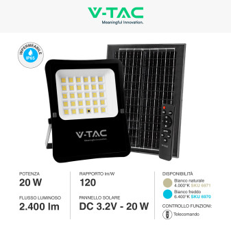 VT-55300 Faro LED 20W con Pannello Solare IP65 Nero V-Tac