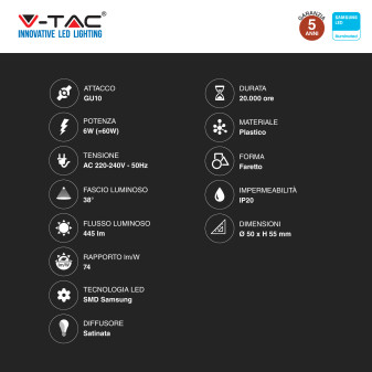 Lampadina LED PAR16 GU10 6W Faretto Spotlight SMD Chip Samsung V-Tac