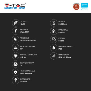 Lampadina LED PAR16 GU10 6W Faretto Spotlight SMD Chip Samsung V-Tac