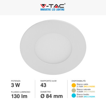 VT-307 RD Mini Pannello LED Rotondo 3W SMD da Incasso V-Tac