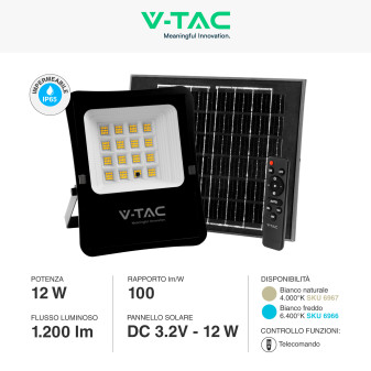 VT-55100 Faro LED 12W con Pannello Solare IP65 Nero V-Tac