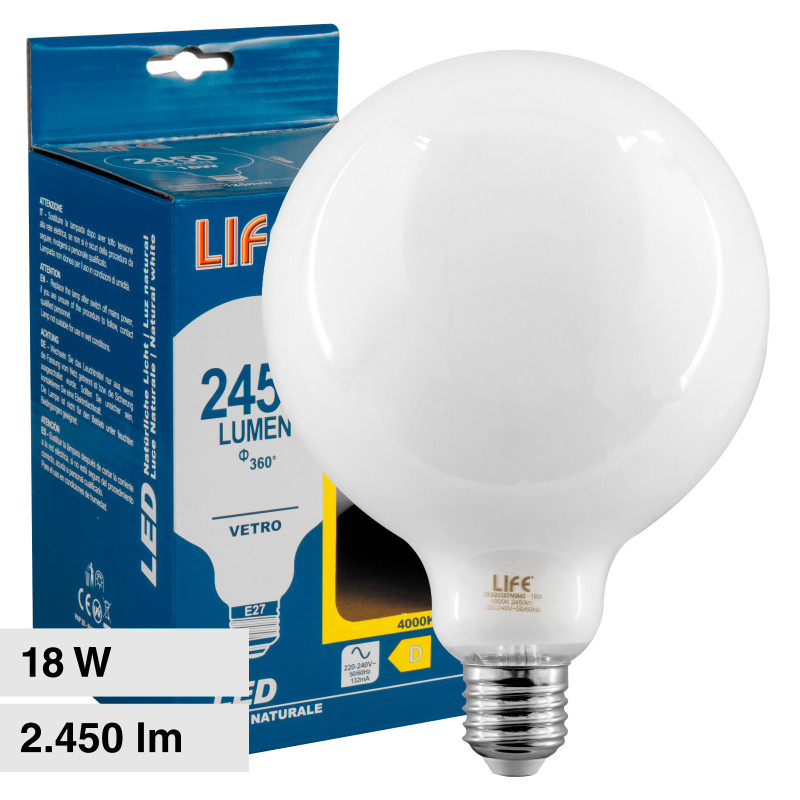 Lampadina LED E27 18W Bulb G125 Milky Filament Vetro Life