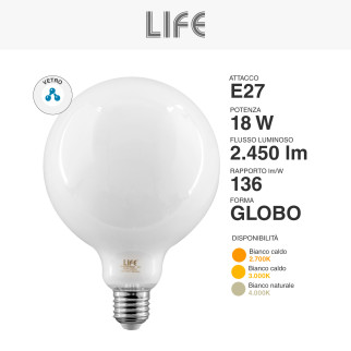 Lampadina LED E27 18W Bulb G125 Milky Filament Vetro Life