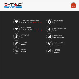 VT-929 2 Portafaretti Rotondi Bianchi per GU10 GU5.3 V-Tac