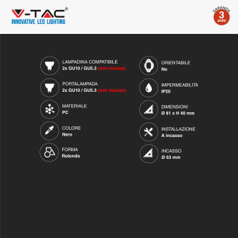 VT-929 2 Portafaretti Rotondi Neri per GU10 GU5.3 V-Tac