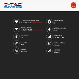 VT-930 2 Portafaretti Quadrati Neri per GU10 GU5.3 V-Tac