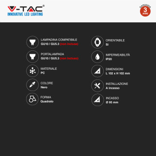 VT-933 Portafaretto Quadrato Nero per GU10 GU5.3 V-Tac