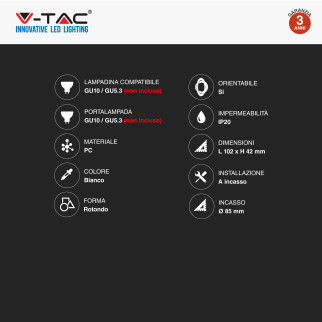 VT-933 Portafaretto Rotondo Bianco per GU10 GU5.3 V-Tac