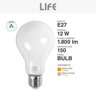 Lampadina LED E27 12W Bulb A70 Milky Filament Vetro Life