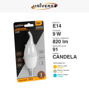 Lampadina LED E14 9W Candle C37 Candela Fiamma SMD Universo