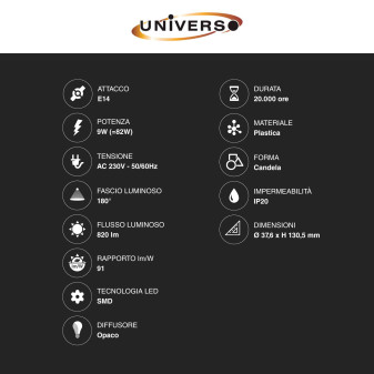 Lampadina LED E14 9W Candle C37 Candela Fiamma SMD Universo