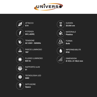 Lampadina LED E14 9W Candle C37 Candela SMD Universo