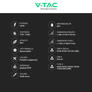 V-Tac VT-10120 Pannello Solare Fotovoltaico 120W Pieghevole