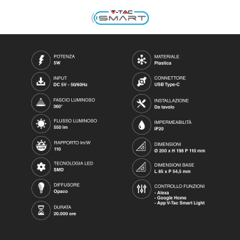 VT-5155 Lampada LED da Tavolo RGB+W CCT V-Tac Smart