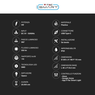 VT-5155 Lampada LED da Tavolo RGB+W CCT V-Tac Smart