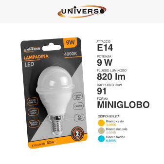 Lampadina LED E14 9W MiniGlobo P45 SMD Universo