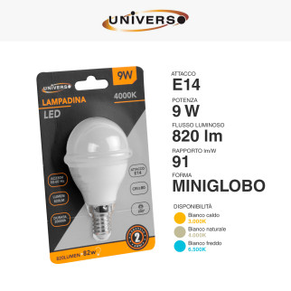 Lampadina LED E14 9W MiniGlobo P45 SMD Universo