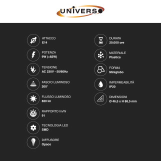 Lampadina LED E14 9W MiniGlobo P45 SMD Universo