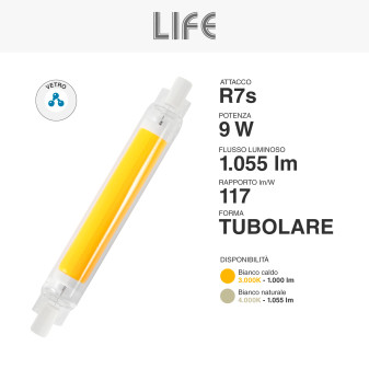 Lampadina LED R7s 9W Tubolare L118 Slim COB in Vetro Life