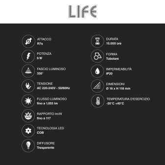 Lampadina LED R7s 9W Tubolare L118 Slim COB in Vetro Life