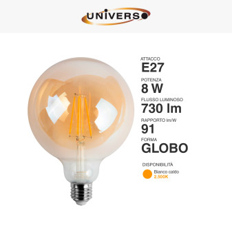 Lampadina LED E27 8W Globo G125 Filament Ambrata Universo