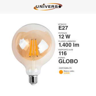 Lampadina LED E27 12W Globo G125 Filament Ambrata Universo