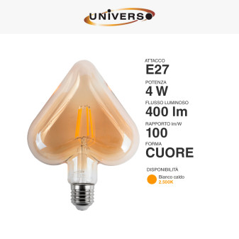 Lampadina LED E27 4W Cuore Filament Ambrata Universo