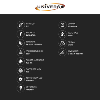 Lampadina LED E27 4W Ovale Filament Ambrata Universo