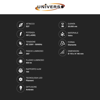 Lampadina LED E27 4W Diamante Filament Ambrata Universo