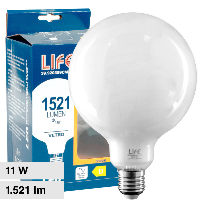 Lampadina LED E27 11W G125 Globo Filament Milky in Vetro Life