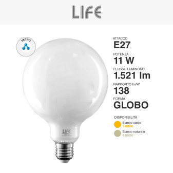 Lampadina LED E27 11W G125 Globo Filament Milky in Vetro Life