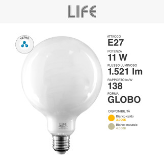 Lampadina LED E27 11W G125 Globo Filament Milky in Vetro Life