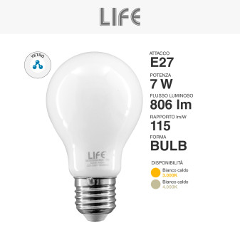 Life Lampadina LED E27 7W Bulb A60 Goccia Filament Vetro Milky