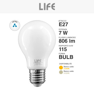 Life Lampadina LED E27 7W Bulb A60 Goccia Filament Vetro Milky