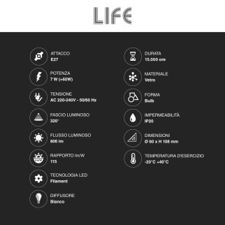 Life Lampadina LED E27 7W Bulb A60 Goccia Filament Vetro Milky