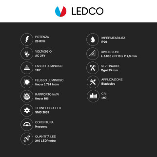 LEDCO Striscia LED 2835 Monocolore 240 LED/metro 24V 5mt