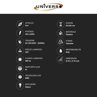 Lampadina LED E14 4W Tubolare T25 SMD Universo